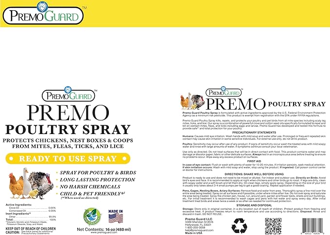 Poultry Spray by Premo Guard – 16 oz – Treat Mites, Fleas, Flies, and Lice – Effective Plant Based – Chicken, Turkey, Waterfowl, and Birds – Best Natural Protection for Control & Prevention