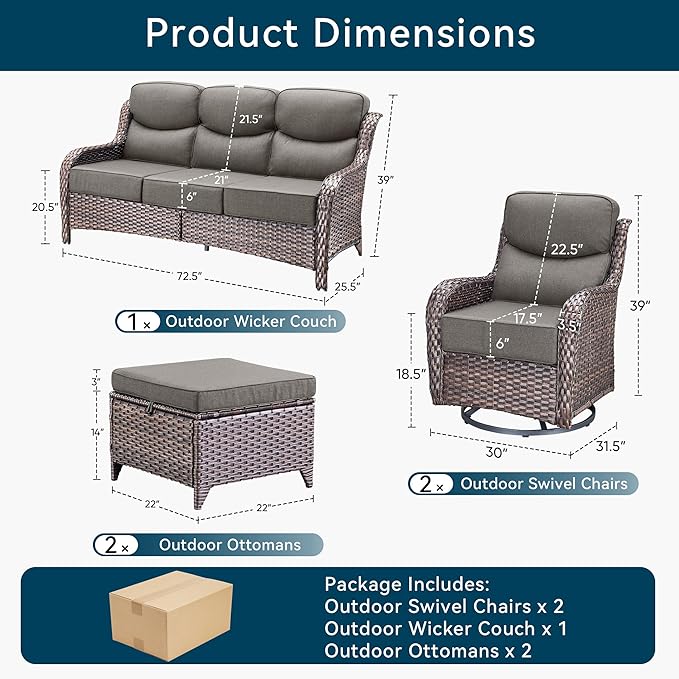 Luxury High Back Outdoor Furniture with 6-Inch Thick Cushions, Patio Furniture Set with Swivel Chairs, 5 PCS Wicker Conversation Set for Porch, Balcony, Deck and Yard