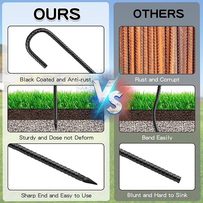 Black Rebar Stakes 16inx10mm Galvanized J Hook 10pcs – Heavy Duty Ground Tent Stakes for Fence,Bounce House,Outdoor Plants,Artificial Turf,Dog Coop,Metal Stakes for Christmas Decorations