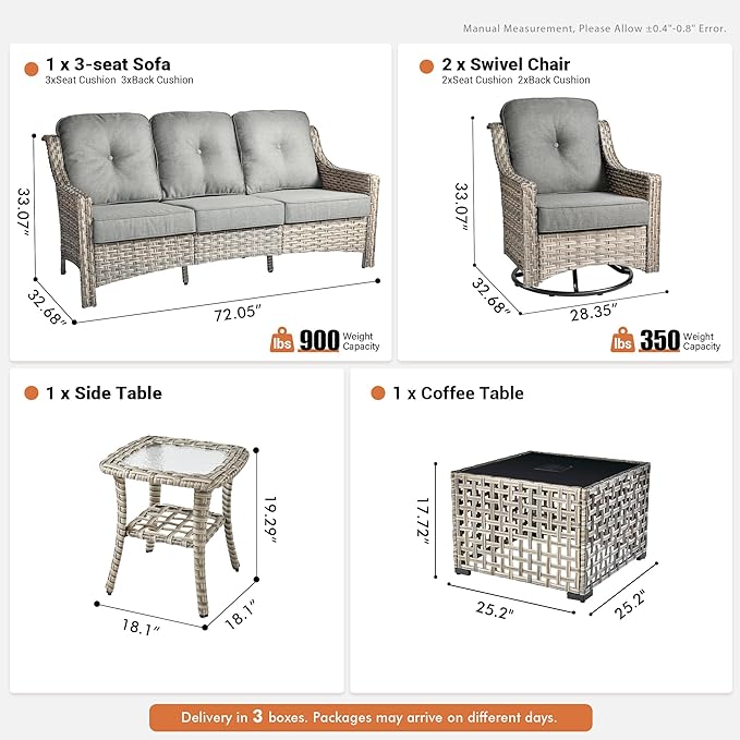 5 Pieces Patio Outdoor Furniture Set with Swivel Rocking Chairs,All Weather Wicker Rattan Patio Seating Sofa and Chair Set w/Glowing Table,Outdoor Conversation Sets for Deck Yard Garden,Dark Grey