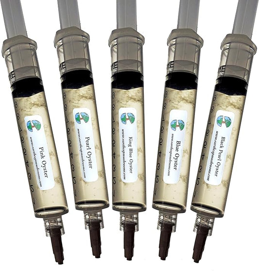 5 Pack Oyster Mushroom Liquid Cultures Starter Pack - Black Oyster, Blue Oyster, King Blue Oyster, Pearl Oyster, & Pink Oyster