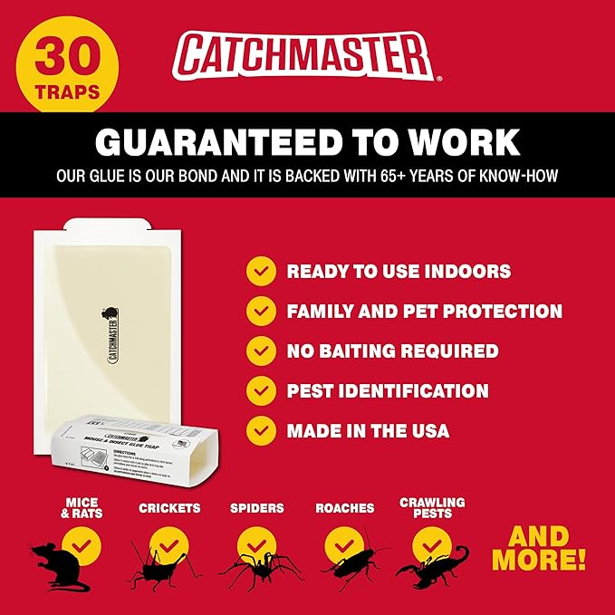 Catchmaster Mouse & Insect Super Glue Traps 30PK, Mouse Traps Indoor for Home, Extra Strength Sticky Pest Control Adhesive Tray for Catching Bugs, Rats & Rodents, Non Toxic Bulk Pre-Baited Glue Boards