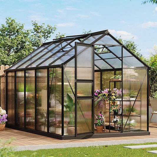 Greenhouses, 6x10 FT Greenhouse for Outdoors, Polycarbonate Greenhouse with Roof Vent, Ground Nails, Lockable Hinged Door, Aluminum Large Walk-in Green House for Outside Garden Backyard, Patio, Lawn