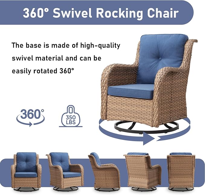 Wicker Outdoor Conversation Set-6 Pieces Outdoor Wicker High Back Couch with Swivel Rocker Chairs Patio Furniture for Deck Poolside Backyard-Yellow/Blue