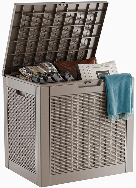 30 Gallon Wicker Pattern Resin Deck Box, Lockable Patio Outdoor Storage Box for Furniture, Garden Tools and Tools Storage, Waterproof Outside Storage Box - Grey Rattan