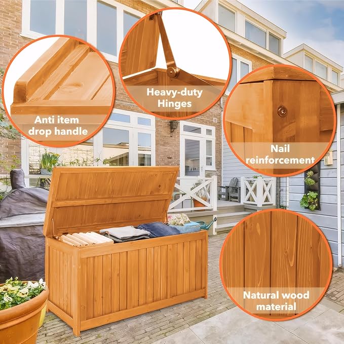65 Gallon Outdoor Solid Wood Deck Box, Fir wood storage box Deck Box with Sealed Hinged Lid, Furniture Storage Cabine Patio Tool, Backyard Tool, Garden Tool, Pool Equipment, Camping Gear