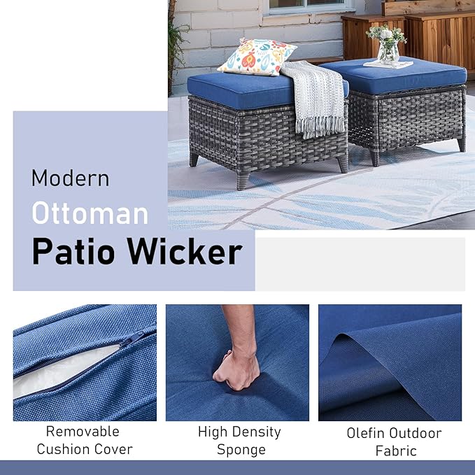 Wicker Outdoor Conversation Set-6 Pieces Outdoor Wicker High Back Couch with Swivel Rocker Chairs Patio Furniture for Deck Poolside Backyard-Grey/Blue