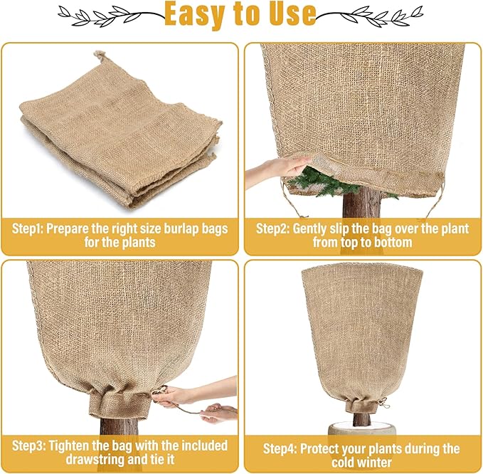 Riare 4 Packs 32 × 40 Inch Burlap Winter Plant Cover Bags with Drawstring- Reusable Large Burlap Sack Plant Frost Protector, Plant Frost Cloth Cold Tree Freeze Blanket for Outdoor Plants Fruit Shrubs