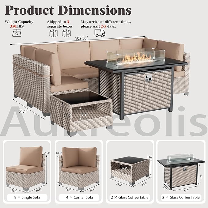 8 Pieces Patio Furniture Set with Fire Pit Table, Outdoor Sectional Wicker Sofa with Thick Cushions and Storage Coffee Table, Rattan Patio Conversation Sets, Khaki