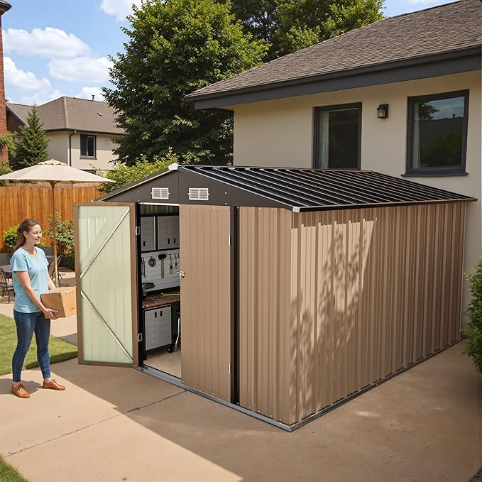Greesum 8x10FT Outdoor Storage Shed, Metal Storaged Sheds with Lockable Doors, Sheds & Outdoor Storage for Bike, Backyard, Pool and Garden, Brown