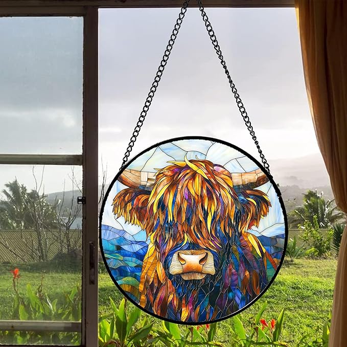 Stained Glass Window Hanging - Highland Cattle Suncatcher for Door Terrace Garden Home Decor Western Style Brown Cow Sun Catcher Birthday Gifts for Lovers Women Men Dad Mom Nana 6.3 in