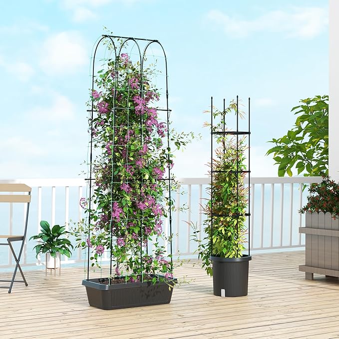 Happygrill 2 Pack Tomato Cage, Metal Garden Trellis w/Adjustable Height & Self-Watering System for Vines Potted Plants Vegetables, Tall Plant Support Tomato Trellis w/Planter Box
