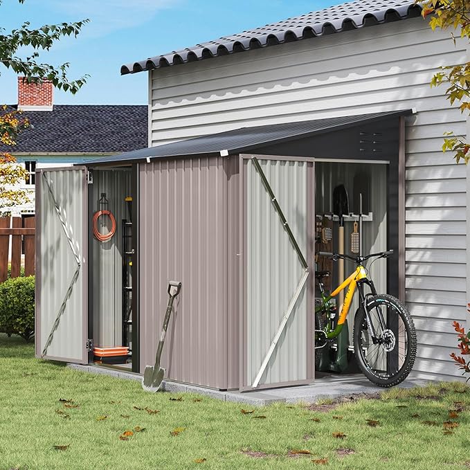 Aoxun 7x5 FT Lean to Shed Garden Metal Storage Shed with Lockable Doors Outdoor Bike Shed for Backyard, Patio, Poolside (Brown)