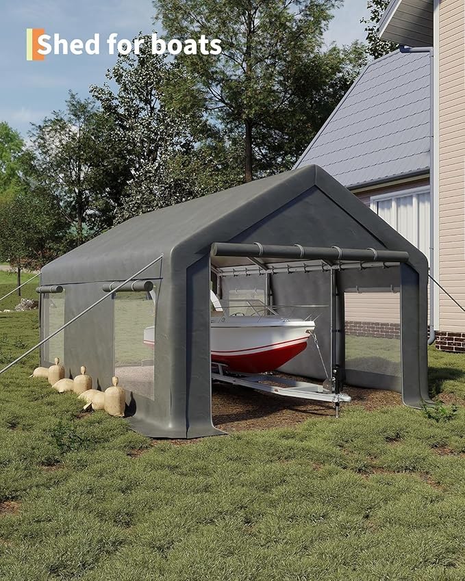 13X20Ft Waterproof Carport Canopy with Roll-Up Mesh Windows & Double Zipper Doors, 200g PE Tarp Cover for Cars, Trucks, SUVs, RVs, Boats & Outdoor Equipment Storage, Grey