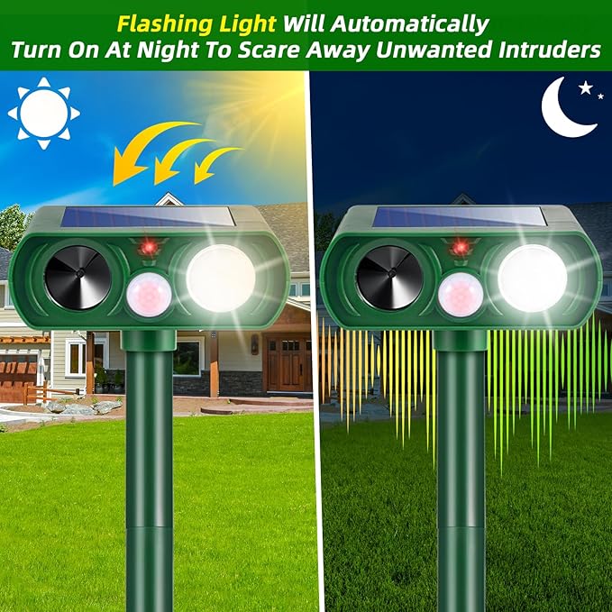 4 Pack Squirrel Fortress Pro Solar Animal Repellent Ultrasonic Outdoor, Deer Repellent Devices with Motion Sensor & Flash Lights, Waterproof Raccoon Cat Dog Skunk Rabbit Deterrent for Yard Farm