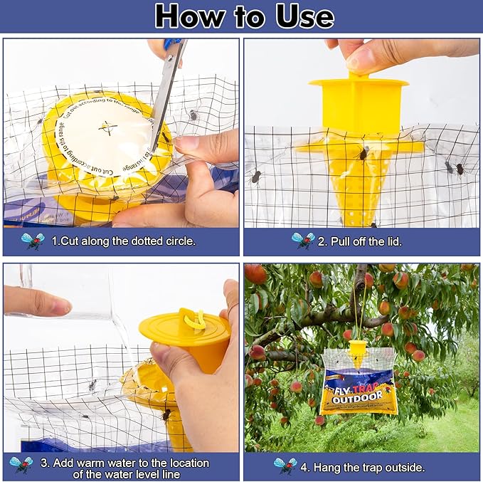 Disposable Fly Traps 6 Pack Big Bags Outdoor, Flies Catcher Traps with Natural Pre-Bait Refill Repellent, Stable Horse Ranch Trapper Outdoor Hanging Fly Killer Helps Control Flies