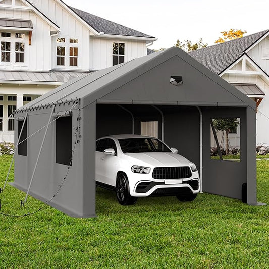 12x20 Carport, Heavy Duty Carport Canopy Garage with Removable Sidewalls and Drive Through Roll Up Zipper Doors, Grey