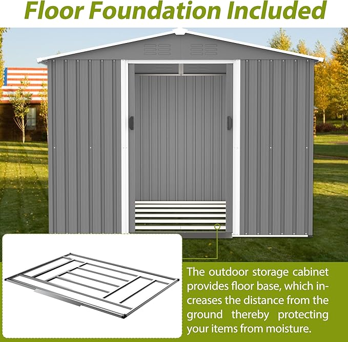 10X8 FT Outdoor Storage Shed, All Weather Metal Sheds with Lockable Doors, Tool Shed for Garden, Patio, Backyard, Lawn (Grey with Floor Frame, 8x6 ft)