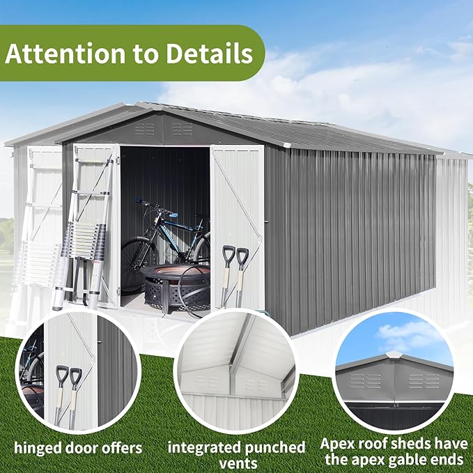 12x10FT Heavy-Duty Metal Storage Shed, Extra-Large Outdoor Shed with Apex Roof, Steel Vents & Hinged Door, Includes Free Padlock for Secure Tool & Equipment Storage (Easy Assembly)