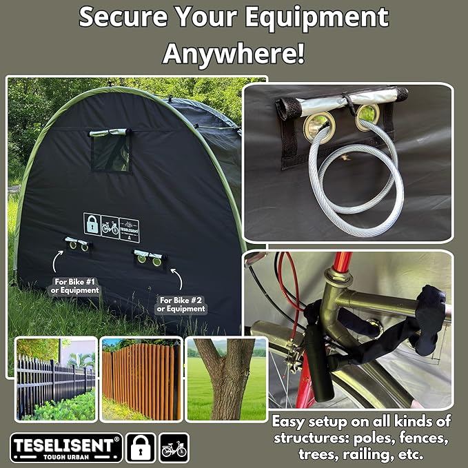 Anti-Theft Outdoor Storage Shed | Triple-Security Tent: Rugged Zipper Lock, Rear Security Anchoring, Privacy Mesh Cover | Protecting Valuable Gear & Bikes | Portable Weatherproof | Fits 2 e-Bikes
