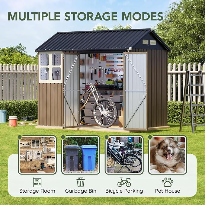 8x6 FT Outdoor Metal Storage Shed with Floor Frame, Double Doors, 1 Clear Window, Tool Shed for Garden, Patio, Backyard Brown