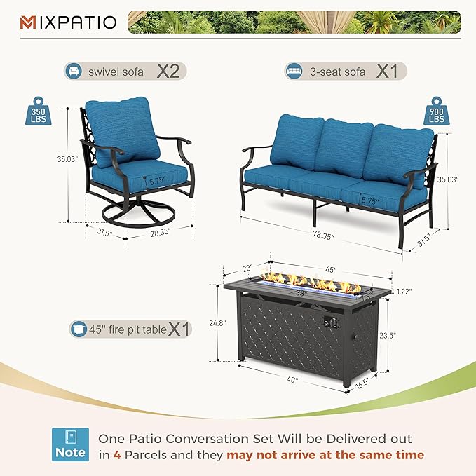 Patio Furniture Set, 4 Pcs Metal Outdoor Conversation Set, 2 Swivel Chairs and 3 Seater Sofa with 5.75" Extra Thick Cushion and Gas Fire Pit Table for Backyard Deck, Gemstone Blue