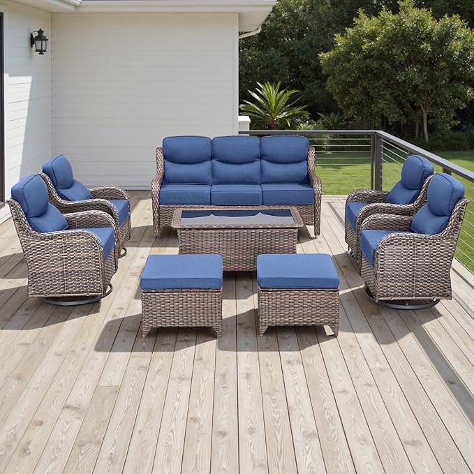 Wicker Outdoor Patio Furniture Set - 8 Piece Patio Conversation Sets with Swivel Rocker Chairs, Ottomans, Sofa and Coffee Table, 6 inch Cushions, Deep Seating, for Porch Deck Brown/Blue
