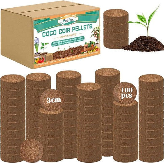 ZeeDix 100 Pcs (30mm) Compressed Coco Coir Fiber Potting Soil Seed Starters - Organic Coco Coir Pellet Fiber Soil for Planting Bonsai, Herbs, Plants, Flowers and Vegetables