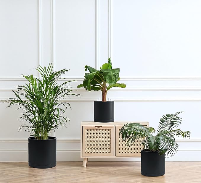 D'vine Dev 6.5 Inch 8 Inch 10 Inch, Set of 3 Plastic Planter Pots for Plants with Drainage Hole and Seamless Saucers, Black Color, Large, 74-V-B-4