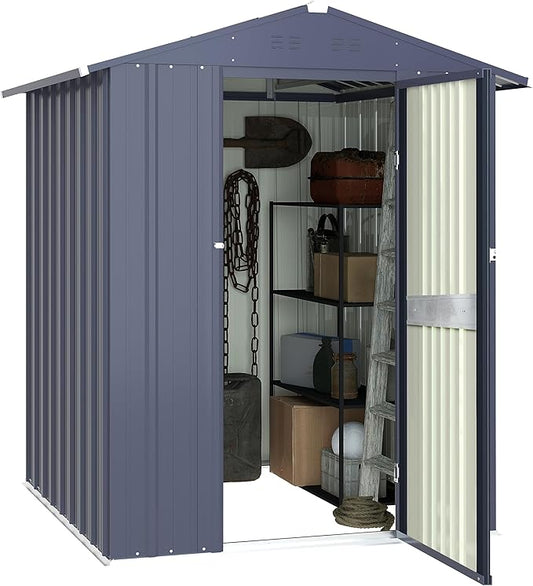 MUPATER 4 x 6 FT Outdoor Storage Shed, Galvanized Metal Garden Tool Shed, Patio Furniture Storage House with Slooping Roof, Lockable Door and Vents for Backyard and Garden, Grey