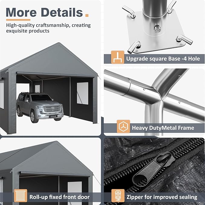 13x25 Ft Carport, Car Ports with 180g PE Tarp, Side-Opening Door & Roll-Up Windows, Carport Canopy, Portable Garage for Car, Truck, Boat, and SUVs,Motorcycle