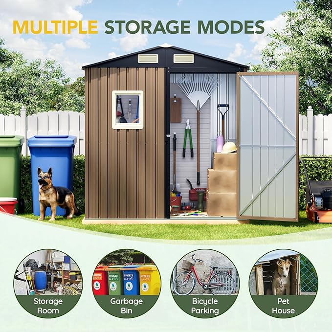 Breezz 6x4FT Outdoor Steel Storage Shed, Lockable Doors, Compact Metal Tool Shed for Garden, Backyard, Patio, Utility, and Bike Storage,Brown