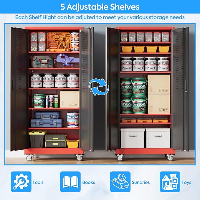 71"H×32"W×16"D Rolling Tool Storage Cabinet with 5 Adjustable Shelves and Pegboard,Metal Garage Storage Cabinet with Wheels for Garage Home Office Utility Room,Required Assembly, Red and Black