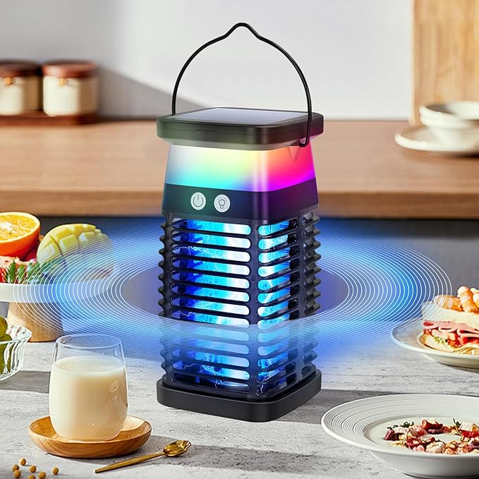 Portable Fly Trap for Indoor & Outdoor, Handheld Outdoor Bug Zapper - 4200V High-Voltage Electric Mosquito Killer with UV Light, IP68 Waterproof, USB-C & Solar Charging, 4000mAh Battery