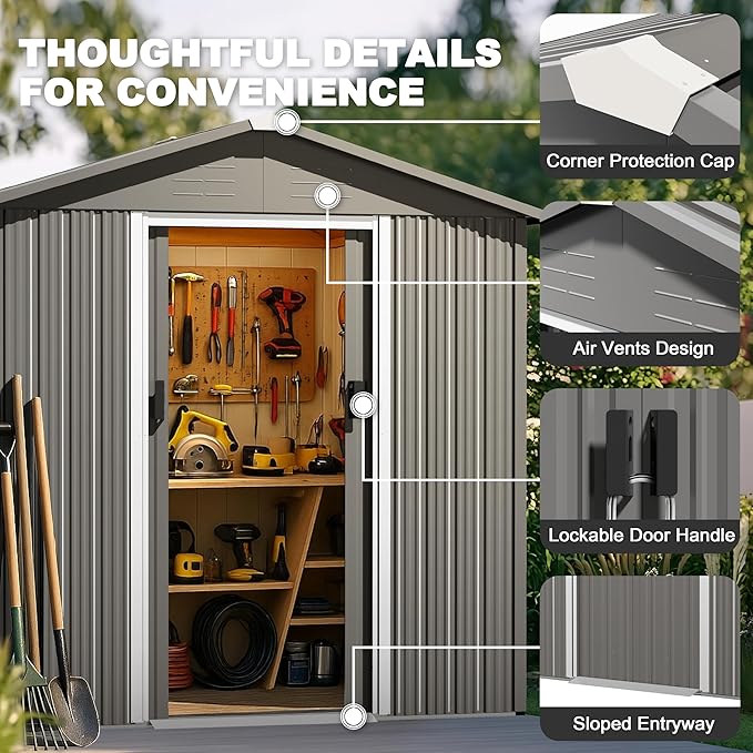 Nuu Garden 6 x 4 FT Outdoor Storage Shed with Sliding Doors, Galvanized Sheet Outdoor Shed with Sloping Roof, Anti-Corrosion Garden Shed with Air Vents for Backyard Patio Lawn, Gray