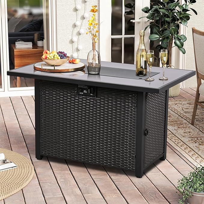 43'' Gas Fire Pit Table, Outdoor Rectangle Fire Pit Table with Cover, Glass Wind Guard & Glass Rock, 60000 BTU Stainless Steel H-Burner Fire Pit Tables for Outside Patio Backyard Garden (Rectangle)