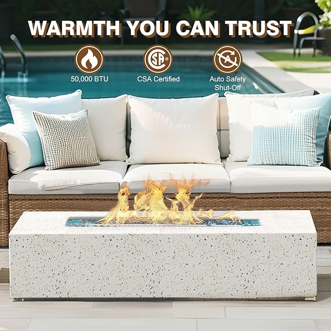 2-Piece Outdoor Propane Fire Pit Table Set – Premium Terrazzo-Like MgO Finish, 56-Inch Gas Fire Table with Tank Table for Patio, Garden & Backyard, Includes Rain Cover & Glass Beads