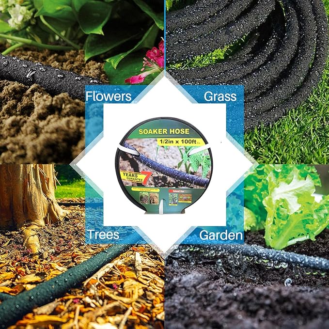 Taisia 1/2’’ Soaker Hose 100 FT Water Drip Garden Hose Drip Irrigation Hose Saves 70％Water Heavy Duty Rubber Round Soaker Hose for Garden, Lawn