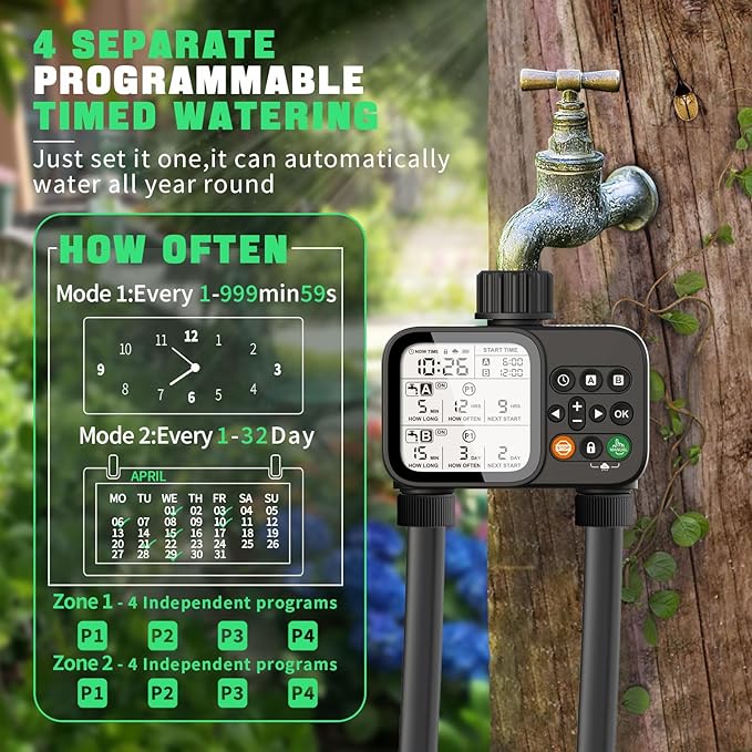 2 Zone Sprinkler Timer for Garden Hose, 8 Programmable Hose Water Timer with Auto Rain Delay, 3.3“ Large LCD Display Digital Irrigation System for Plant, Yard, Lawns, Outdoor