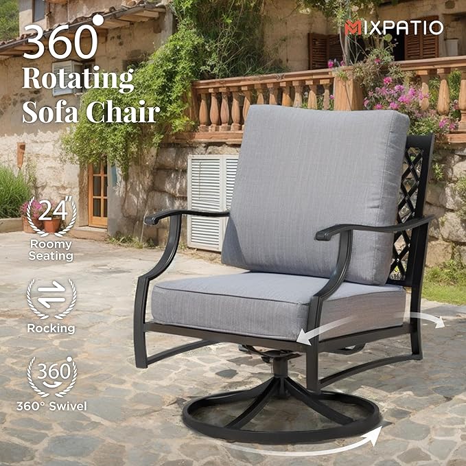 Patio Furniture Set, 6 Pcs Metal Outdoor Conversation Set, 2 Swivel Chairs, 2 Ottomans and 3 Seater Sofa with 5.75" Extra Thick Cushion and Gas Fire Pit Table, Grey