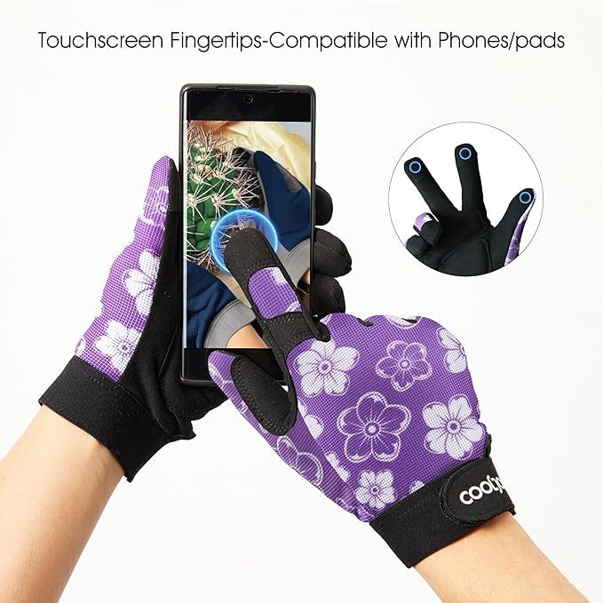 COOLJOB Small Gardening Work Gloves for Women Ladies, Thorn Proof for Rose Pruning, Cactus Handling, Blackberry Bush Planting, Puncture Resistant Anti-Slip Flexible 1 Pair S Floral Purple