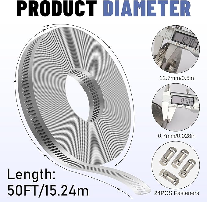 Hose Clamps Assortment Kit, Worm Gear Duct Pipe Hose, 50FT 304 Stainless Steel Band Fittings Strap DIY Large Adjustable Metal Bolt with 24 Fasteners Screw for Plumbing Auto Tube Fuel Line