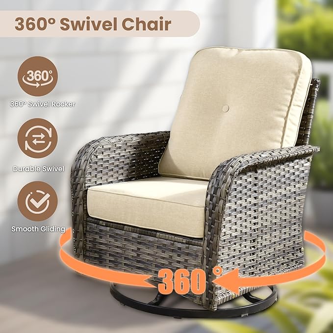 HOOOWOOO Outdoor Patio Furniture Set,5 Pieces Wicker Conversation Set,All Weather Couch Set with Swivel Chairs Solar Light Table 5 Seaters for Out Door Yard(Beige)
