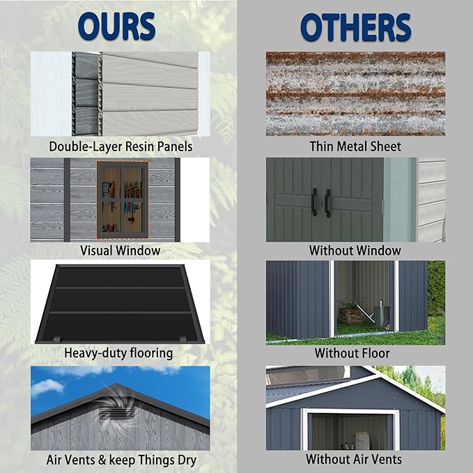 8.7x5.5 FT Resin Outdoor Storage Shed with Floor, Weather-Resistant Plastic Garden Shed with Windows, Lockable Door and Vents, Outside Tool Storage Sheds for Backyard, Garden, Patio, Lawn, Wood Grain