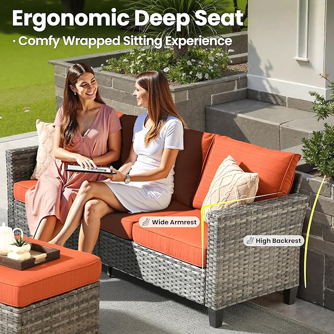 ovios Patio Furniture Set, 6 Pieces Outdoor Wicker Sofa Couch with Loveseat, Ottomans and Comfy Cushions, All Weather High Back Rattan Conversation Set, Orange Red