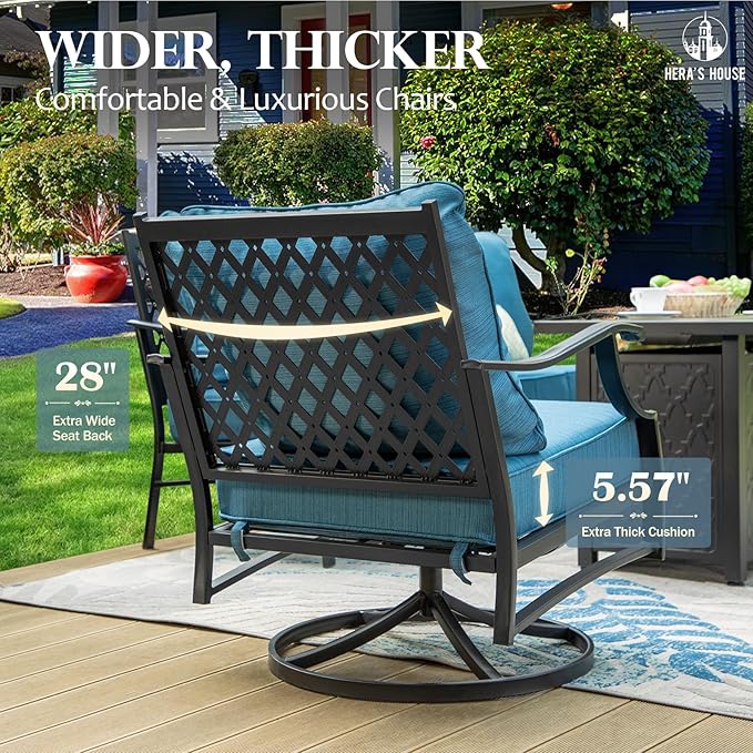 HERA'S HOUSE 4 Piece Patio Furniture Set, 2 x Swivel Cushioned Chair, 3-Seat Sofa with Marbling Coffee Table, All Weather Outdoor Conversation Set for Lawn Garden Backyard, Pacific Blue