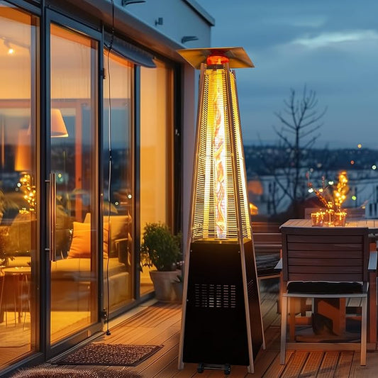 48,000 BTU Flame Pyramid Pool Heater, Triple Safety Protection Portable Patio Heater with Patio Cover, Warm Glass Tube with Durable Wheels-Black