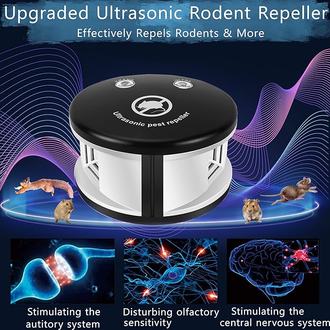 360° Ultrasonic Mouse Repellent, Plug in Rodents Repeler Indoor, Squirrels Repellent with High-Impact Ultrasonic and Pressure Waves for House Kitchen Garage Warehouse, Multiple Pest Deterrent Control