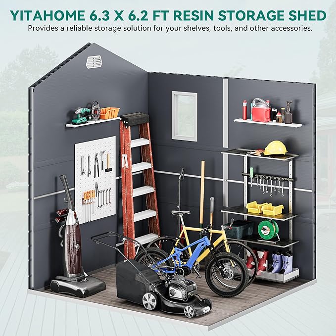 YITAHOME 6x6FT Outdoor Storage Shed w/o Floor, All-Weather Plastic Shed with Lockable Doors, Window & Vents, Plastic Tool Shed for Backyard, Patio, Poolside, Lawn, Gray