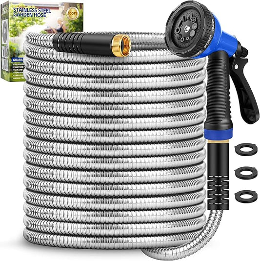 Garden Hose 100 ft, Stainless Steel Metal Water Hose with Adjustable 10-Mode Spray Nozzle, Lightweight Hose, No Kink, Leak-proof, Puncture Resistant for Yard, Outhood, RV